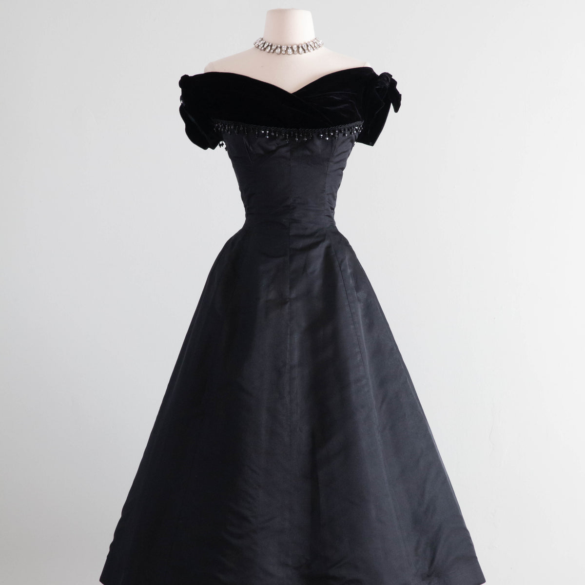 1950's Madame X Jet Black Velvet & Silk Cocktail Dress With