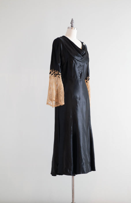 Sublime 1930's Glossy Black Silk Satin Bias Cut Evening Dress With Lace Sleeves / Medium