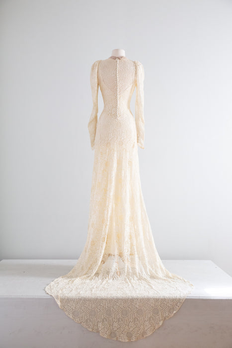 Rare Vintage 1930's Spider Web Lace Bias Cut Wedding Gown With Train & Slip / XS- S