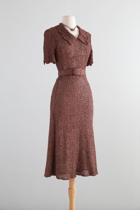 Stunning 1940s Hand-Crocheted Ribbon Dress in Chestnut Brown / Small
