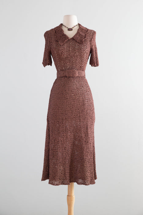 Stunning 1940s Hand-Crocheted Ribbon Dress in Chestnut Brown / Small