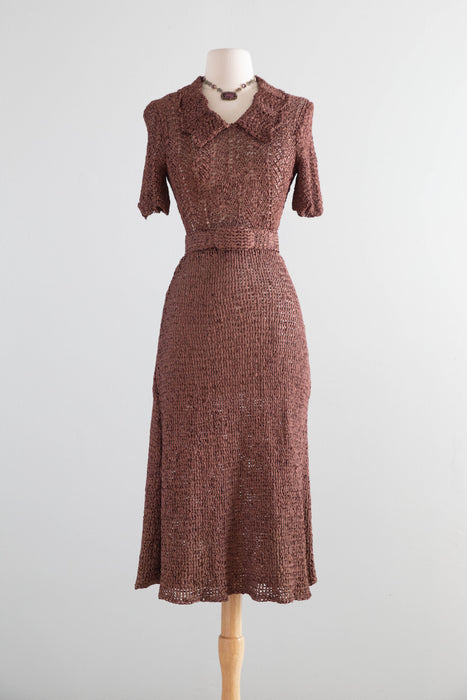 Stunning 1940s Hand-Crocheted Ribbon Dress in Chestnut Brown / Small – Xtabay Vintage