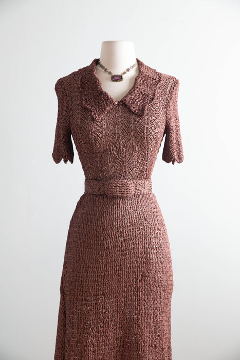 Stunning 1940s Hand-Crocheted Ribbon Dress in Chestnut Brown / Small