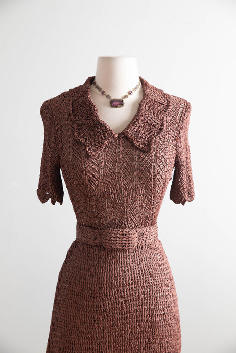 Stunning 1940s Hand-Crocheted Ribbon Dress in Chestnut Brown / Small