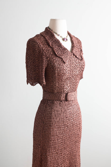 Stunning 1940s Hand-Crocheted Ribbon Dress in Chestnut Brown / Small