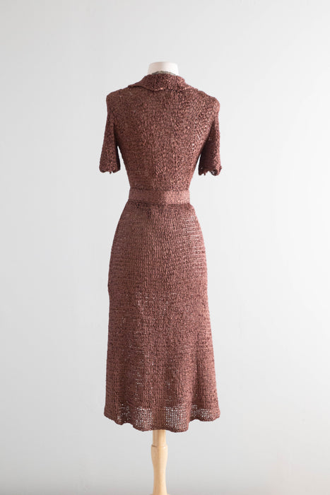 Stunning 1940s Hand-Crocheted Ribbon Dress in Chestnut Brown / Small