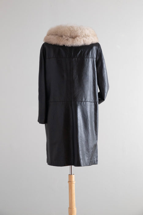 Fabulous 1960's Black Leather Coat With Fur Collar / ML