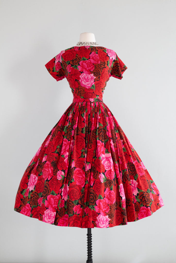 Spectacular Silk Rose Print 1950's Couture Evening Dress By Traina Nor – Xtabay Vintage