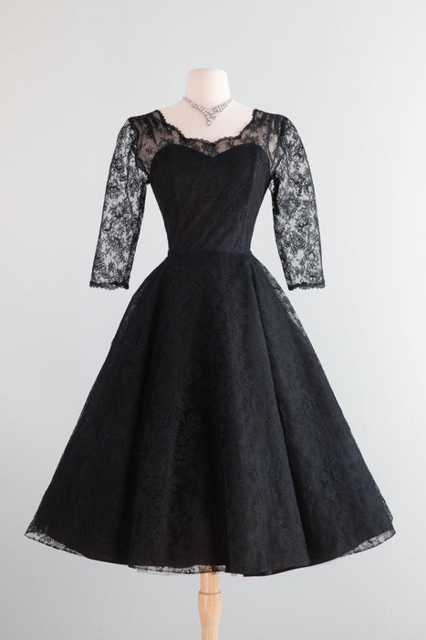 Gorgeous Audrey Hepburn Style 1950's Black Chantilly Lace Cocktail Dress / Small