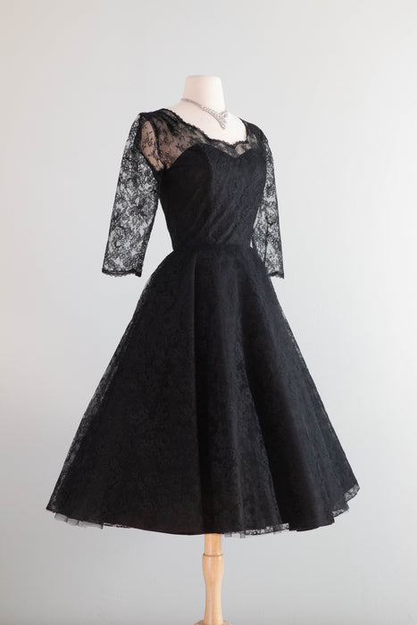 Gorgeous Audrey Hepburn Style 1950's Black Chantilly Lace Cocktail Dress / Small