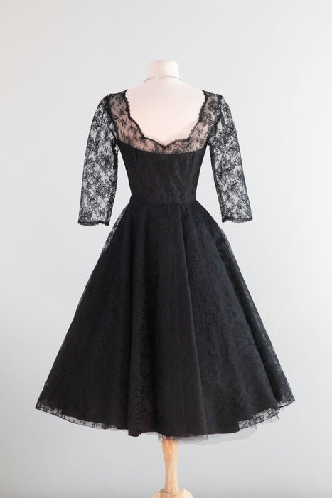 Gorgeous Audrey Hepburn Style 1950's Black Chantilly Lace Cocktail Dress / Small