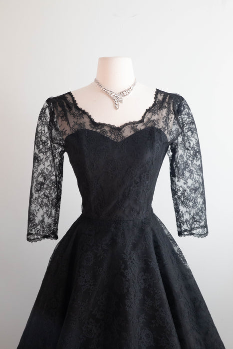 Gorgeous Audrey Hepburn Style 1950's Black Chantilly Lace Cocktail Dress / Small