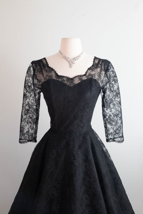 Gorgeous Audrey Hepburn Style 1950's Black Chantilly Lace Cocktail Dress / Small