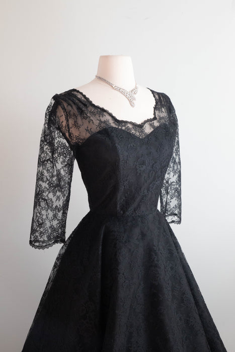 Gorgeous Audrey Hepburn Style 1950's Black Chantilly Lace Cocktail Dress / Small