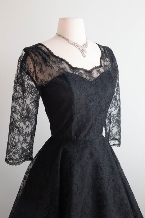 Gorgeous Audrey Hepburn Style 1950's Black Chantilly Lace Cocktail Dress / Small