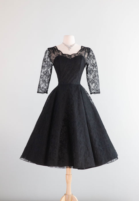 Gorgeous Audrey Hepburn Style 1950's Black Chantilly Lace Cocktail Dress / Small