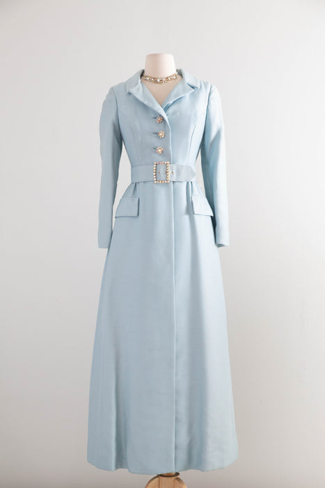 Elegant 1960’s Tiffany Blue Shantung Evening Ensemble With Rhinestones / SM