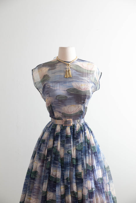 Sublime 1950’s Larry Aldrich Silk Chiffon Lily Pad Print Dress / SM