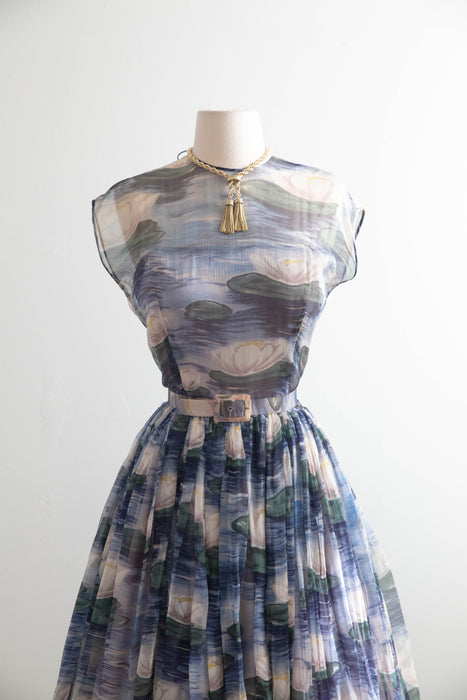 Sublime 1950’s Larry Aldrich Silk Chiffon Lily Pad Print Dress / SM