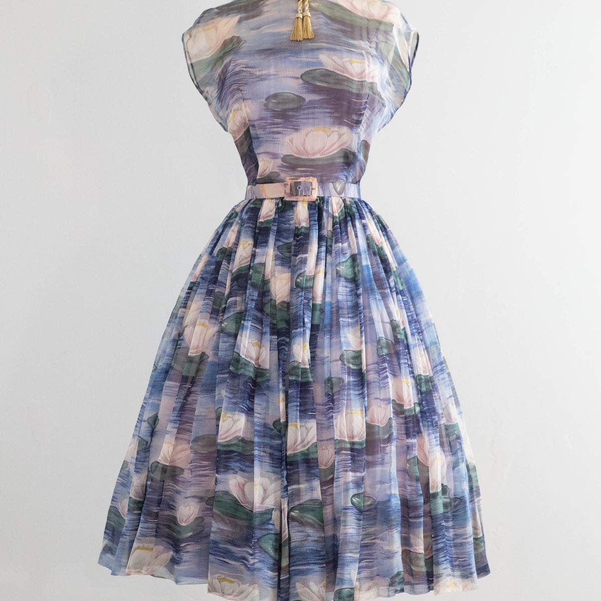Sublime 1950's Larry Aldrich Silk Chiffon Lily Pad Print Dress