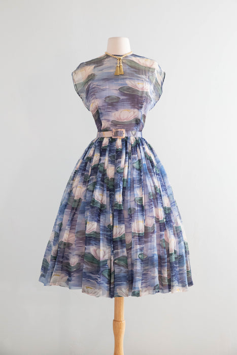 Sublime 1950’s Larry Aldrich Silk Chiffon Lily Pad Print Dress / SM