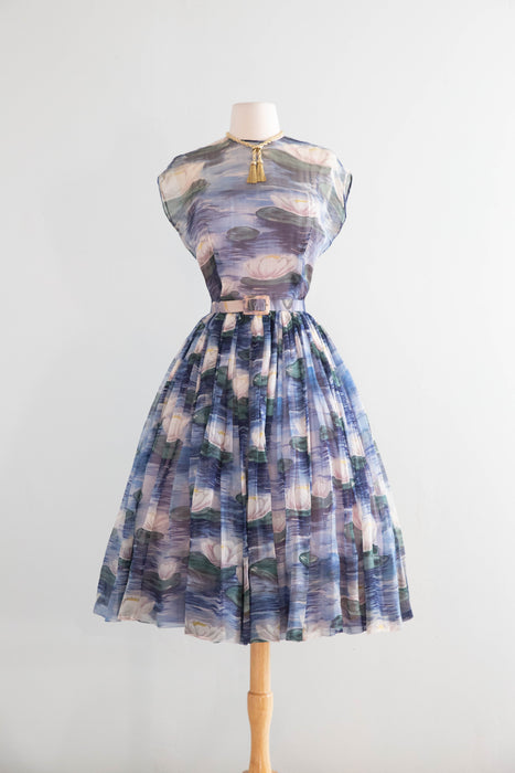 Sublime 1950’s Larry Aldrich Silk Chiffon Lily Pad Print Dress / SM