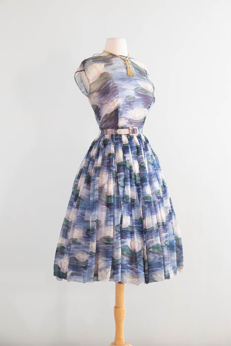 Sublime 1950’s Larry Aldrich Silk Chiffon Lily Pad Print Dress / SM