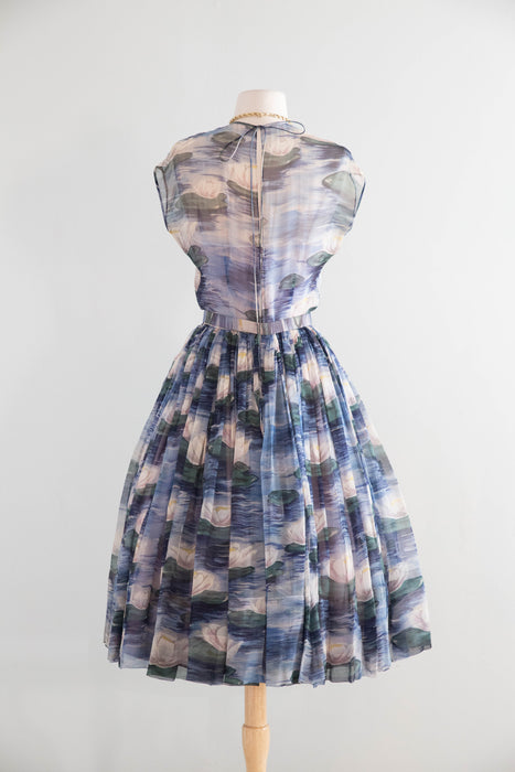Sublime 1950’s Larry Aldrich Silk Chiffon Lily Pad Print Dress / SM