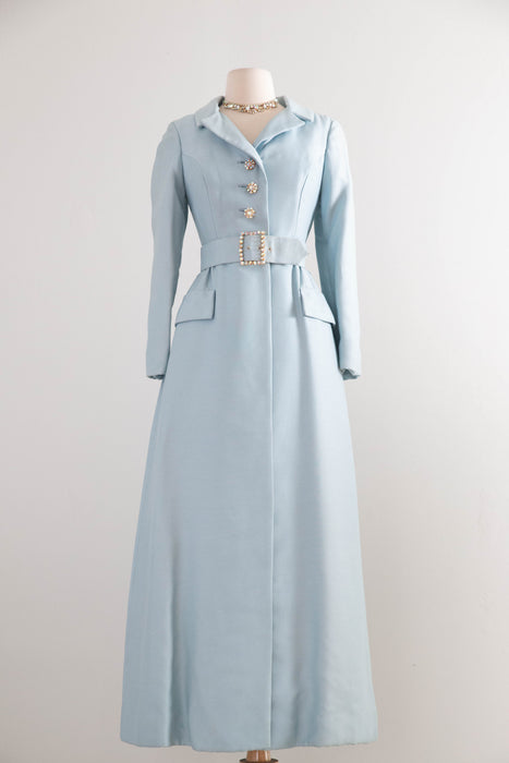 Elegant 1960’s Tiffany Blue Shantung Evening Ensemble With Rhinestones / SM