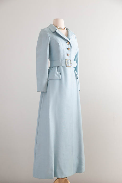 Elegant 1960’s Tiffany Blue Shantung Evening Ensemble With Rhinestones / SM