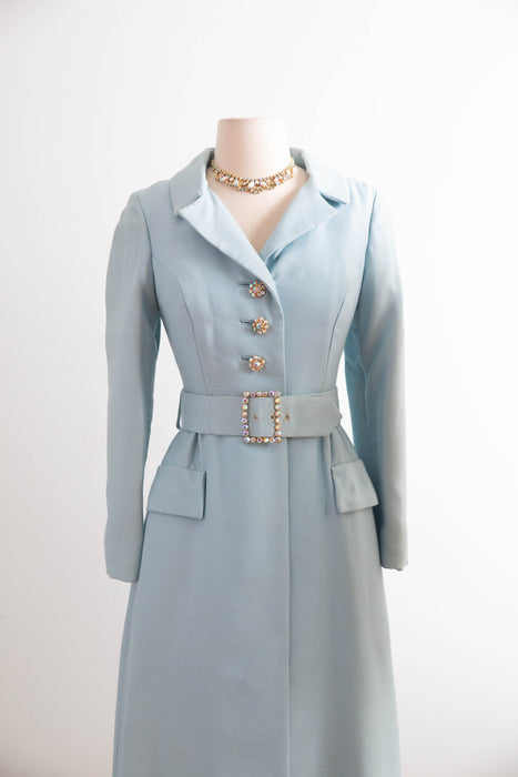 Elegant 1960’s Tiffany Blue Shantung Evening Ensemble With Rhinestones / SM