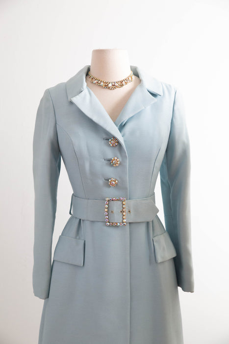 Elegant 1960’s Tiffany Blue Shantung Evening Ensemble With Rhinestones / SM
