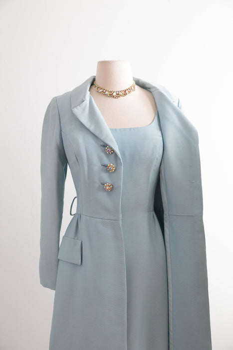Elegant 1960’s Tiffany Blue Shantung Evening Ensemble With Rhinestones / SM