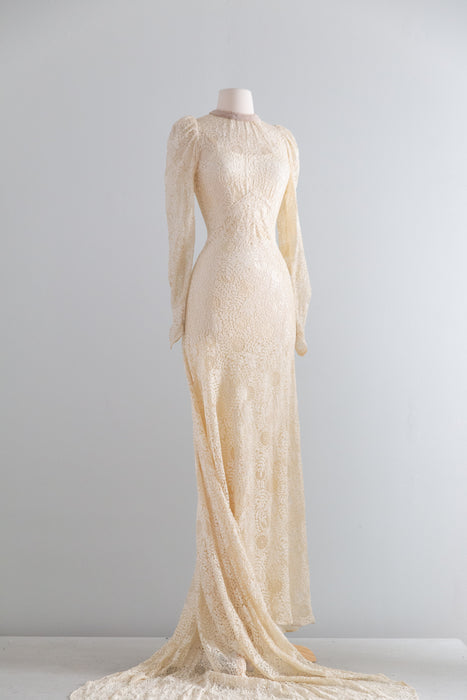 Rare Vintage 1930's Spider Web Lace Bias Cut Wedding Gown With Train & Slip / XS- S