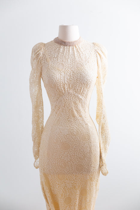 Rare Vintage 1930's Spider Web Lace Bias Cut Wedding Gown With Train & Slip / XS- S