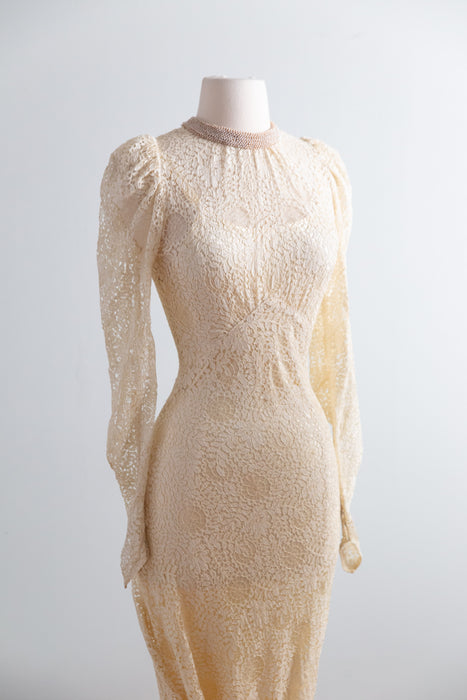 Rare Vintage 1930's Spider Web Lace Bias Cut Wedding Gown With Train & Slip / XS- S