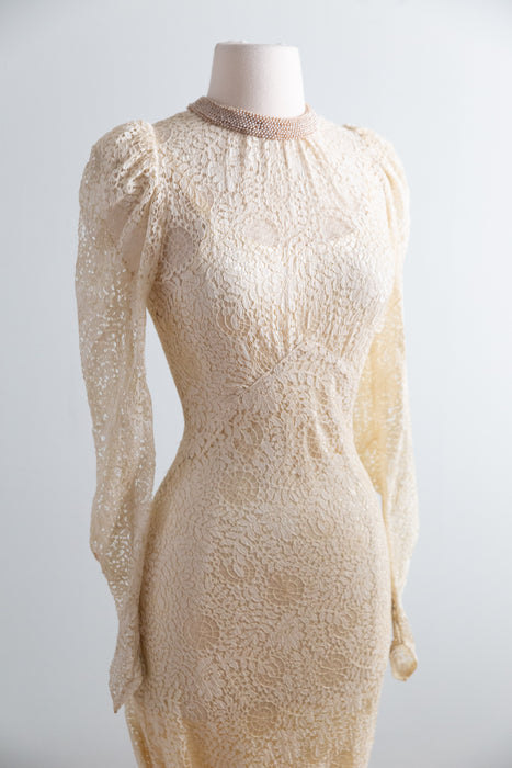 Rare Vintage 1930's Spider Web Lace Bias Cut Wedding Gown With Train & Slip / XS- S