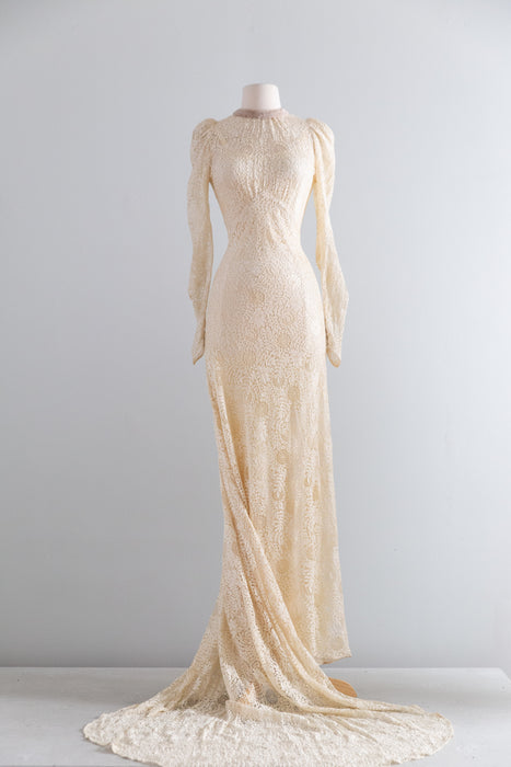 Rare Vintage 1930's Spider Web Lace Bias Cut Wedding Gown With Train & Slip / XS- S
