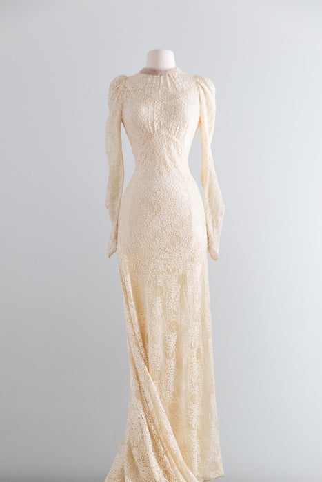 Rare Vintage 1930's Spider Web Lace Bias Cut Wedding Gown With Train & Slip / XS- S