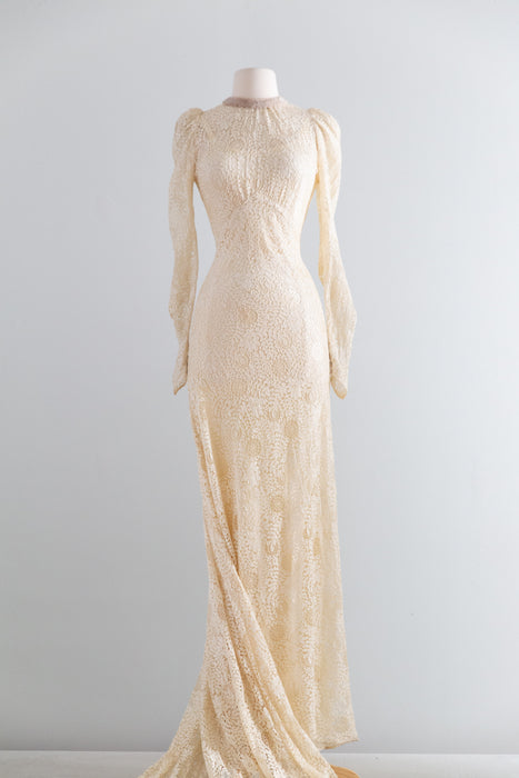Rare Vintage 1930's Spider Web Lace Bias Cut Wedding Gown With Train & Slip / XS- S