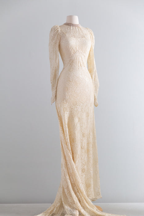 Rare Vintage 1930's Spider Web Lace Bias Cut Wedding Gown With Train & Slip / XS- S