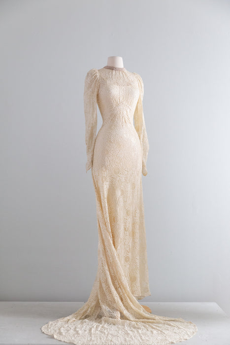 Rare Vintage 1930's Spider Web Lace Bias Cut Wedding Gown With Train & Slip / XS- S