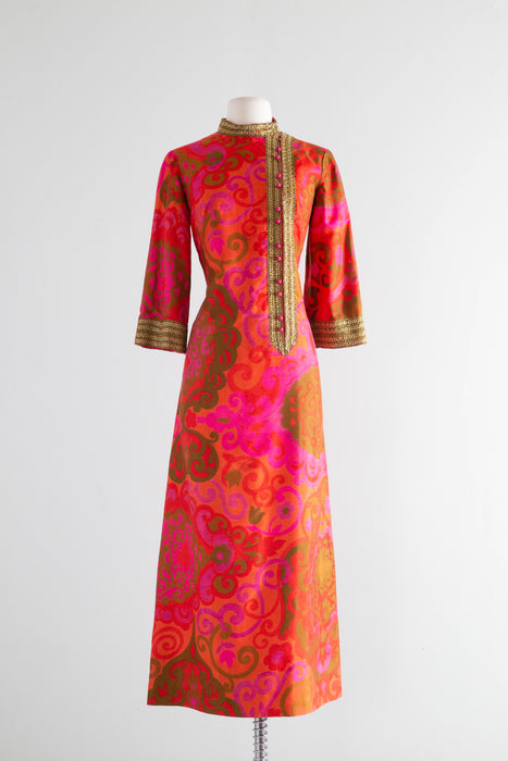 Fabulous 1960's Psychedelic Silk STAR OF SIAM Maxi Dress Hostess Gown / SM