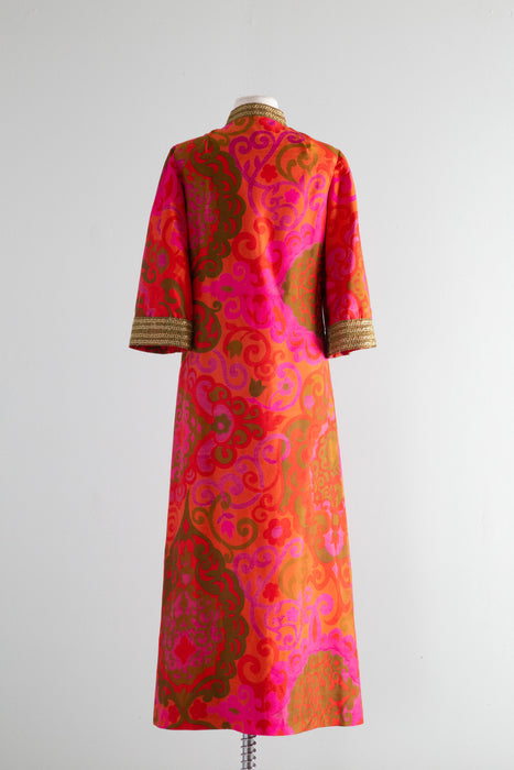 Fabulous 1960's Psychedelic Silk STAR OF SIAM Maxi Dress Hostess Gown / SM