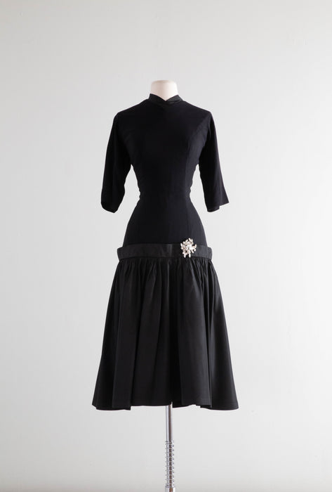 Stunning 1950's Hourglass Black Cocktail Dress With Taffeta Flared Skirt / Medium