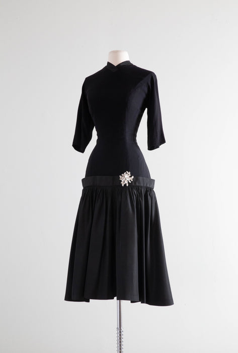 Stunning 1950's Hourglass Black Cocktail Dress With Taffeta Flared Skirt / Medium