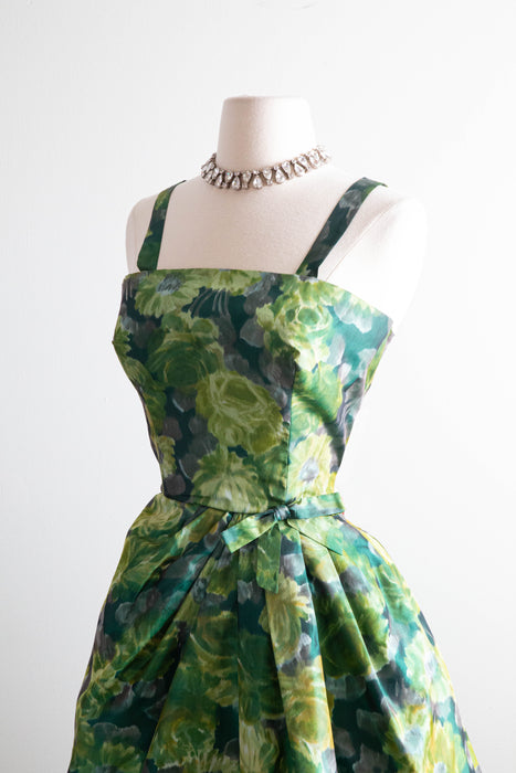 Elegant 1950's Silk Green Floral Print Cocktail Dress / Small