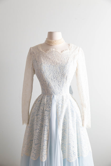 Enchanting 1950s Light Blue and Ivory Lace Wedding Dress / XS