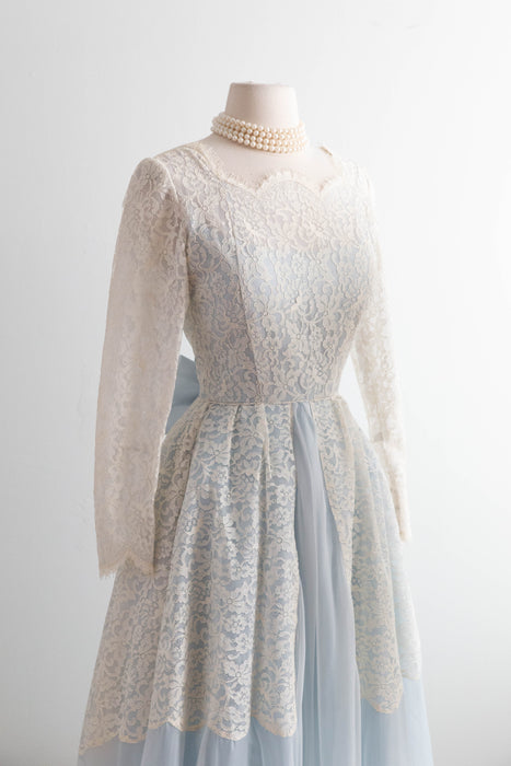 Enchanting 1950s Light Blue and Ivory Lace Wedding Dress / XS
