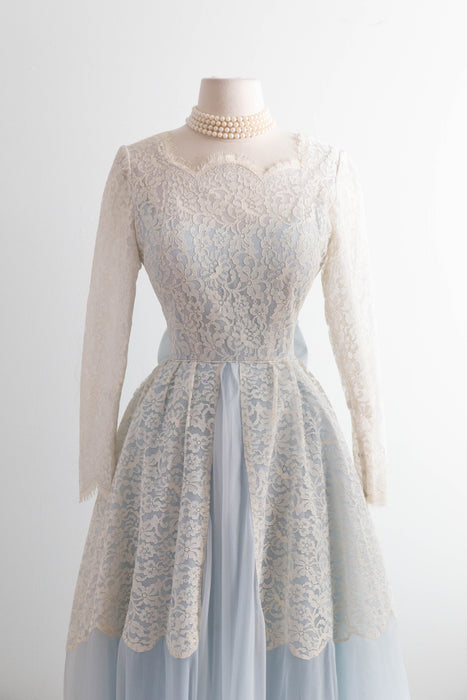 Enchanting 1950s Light Blue and Ivory Lace Wedding Dress / XS
